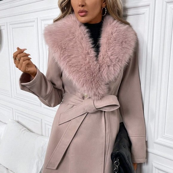 . Jackets & Blazers - Khaki Casual Womens Fuzzy Collar Belted Overcoat